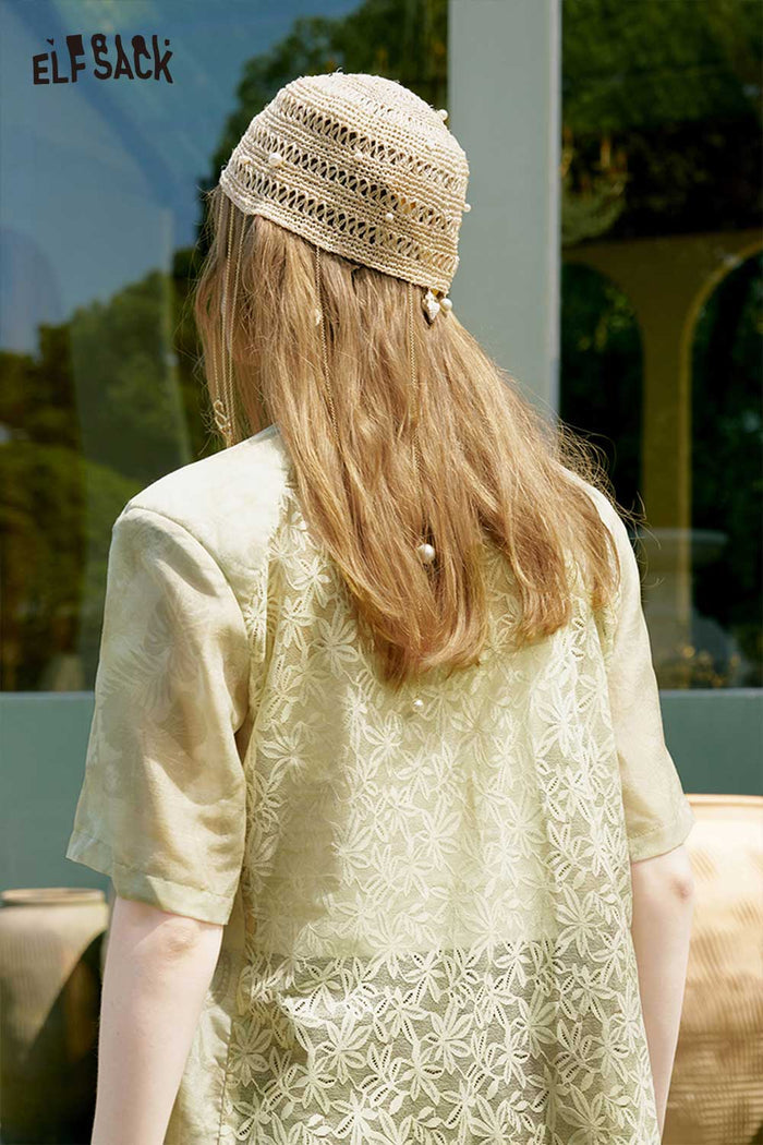 ELFSACK Oriental Jacquard Beaded Short Sleeve Shirt