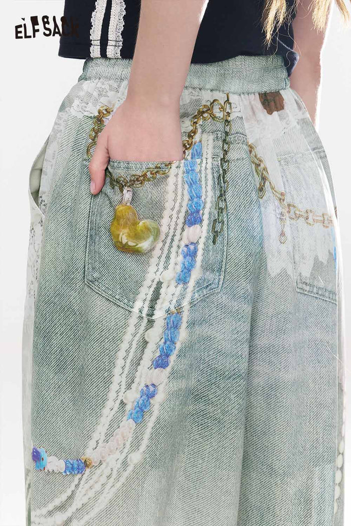 ELFSACK Oriental Pearl Print Wide Leg Pants