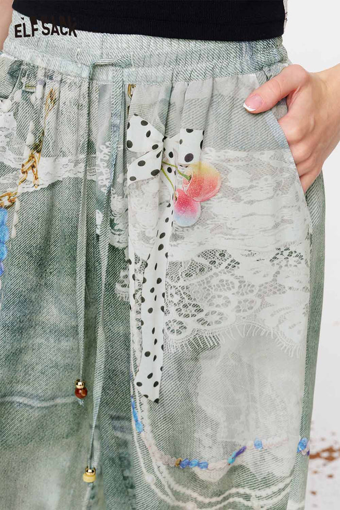 ELFSACK Oriental Pearl Print Wide Leg Pants