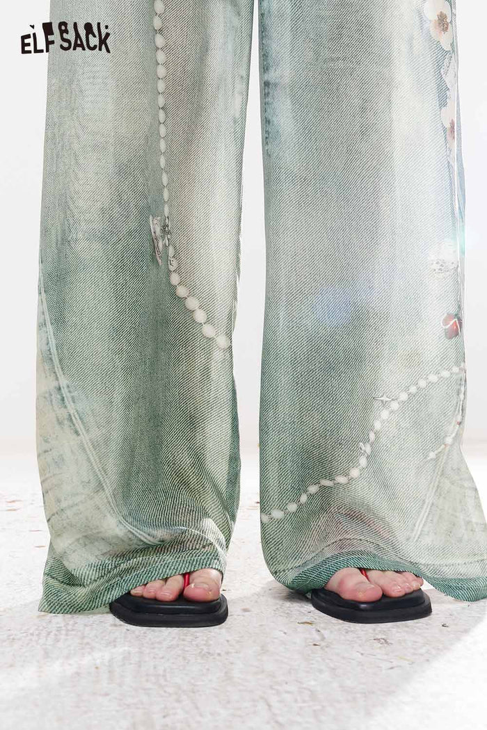 ELFSACK Oriental Pearl Print Wide Leg Pants