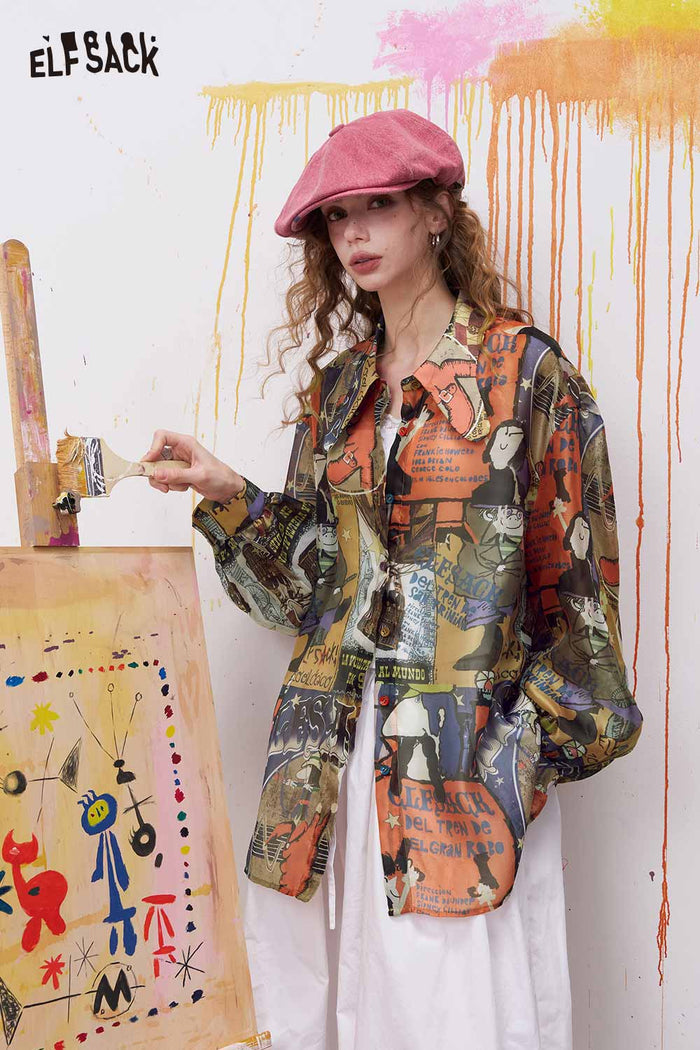ELFSACK Oversized Novelty Print Shirt with Bow Tie Collar