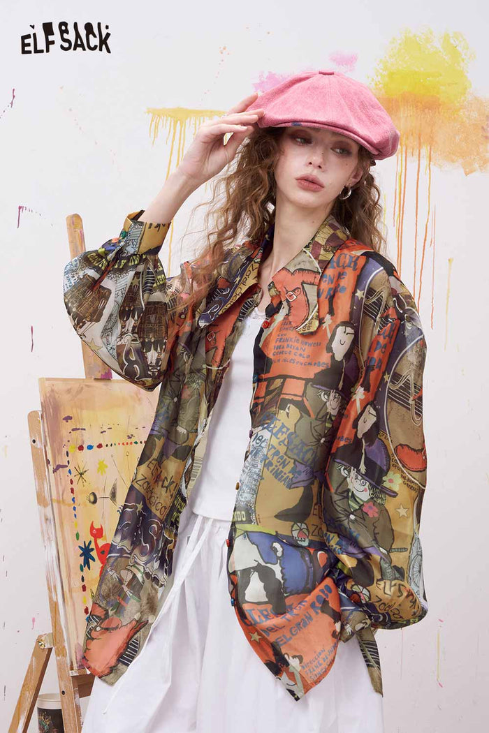 ELFSACK Oversized Novelty Print Shirt with Bow Tie Collar
