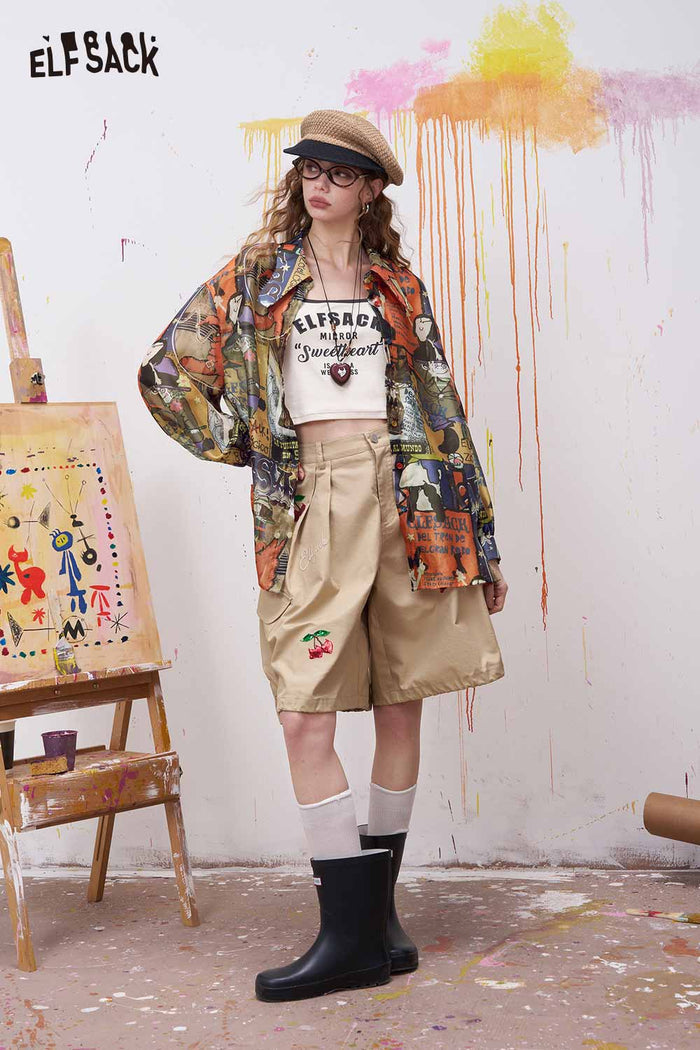 ELFSACK Oversized Novelty Print Shirt with Bow Tie Collar