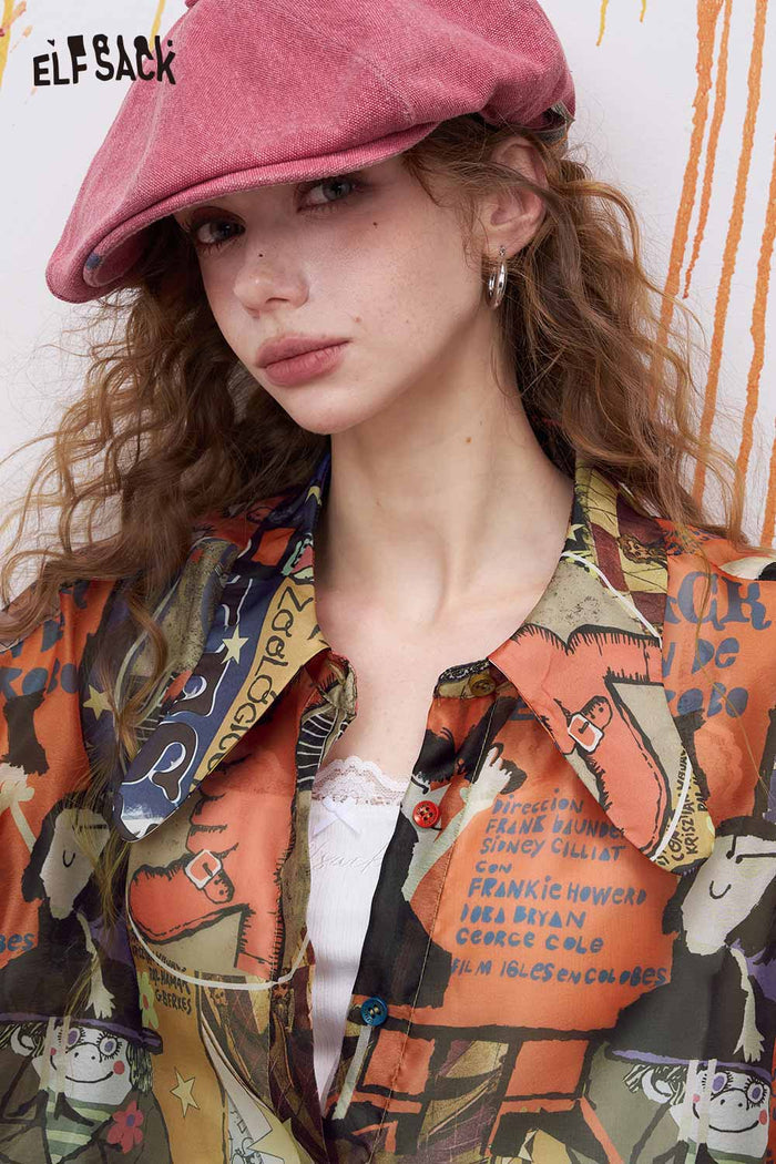 ELFSACK Oversized Novelty Print Shirt with Bow Tie Collar