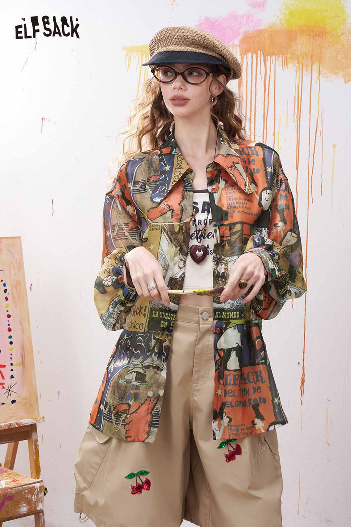 ELFSACK Oversized Novelty Print Shirt with Bow Tie Collar