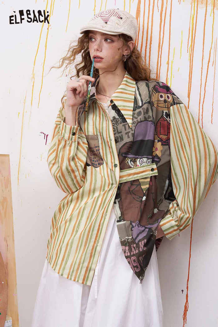 ELFSACK Oversized Novelty Print Shirt with Star Patch Embroidery