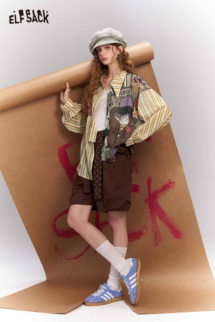 ELFSACK Oversized Novelty Print Shirt with Star Patch Embroidery