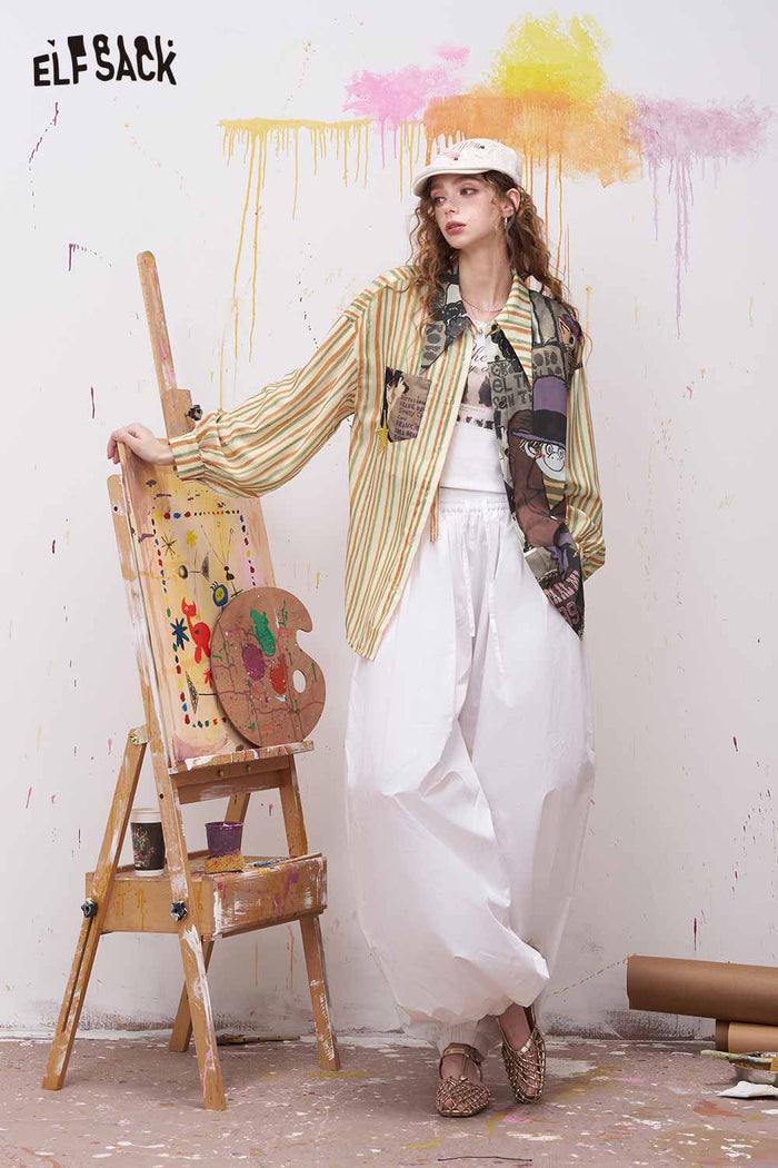 ELFSACK Oversized Novelty Print Shirt with Star Patch Embroidery