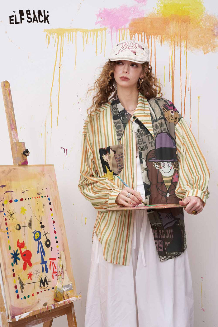 ELFSACK Oversized Novelty Print Shirt with Star Patch Embroidery