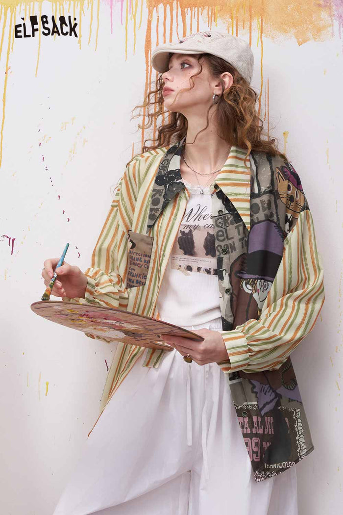 ELFSACK Oversized Novelty Print Shirt with Star Patch Embroidery