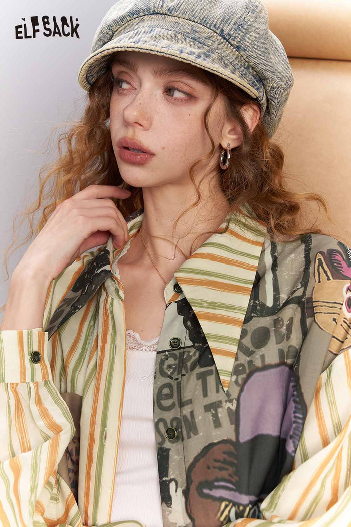 ELFSACK Oversized Novelty Print Shirt with Star Patch Embroidery
