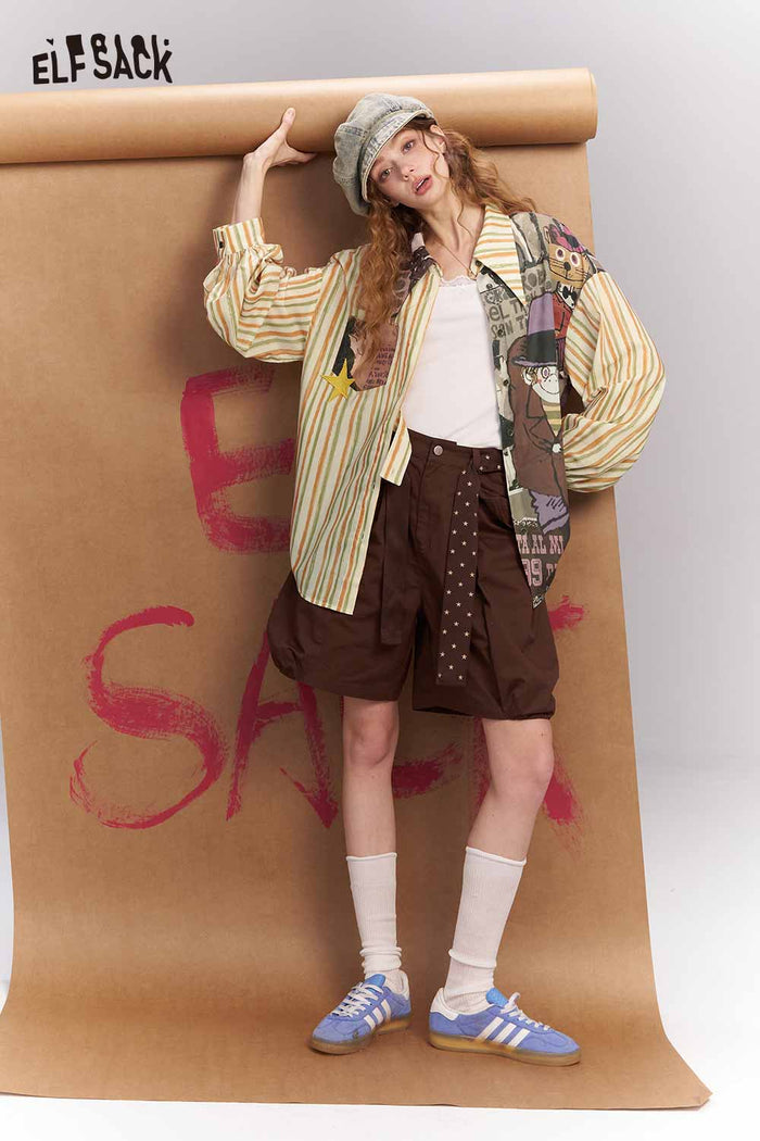 ELFSACK Oversized Novelty Print Shirt with Star Patch Embroidery