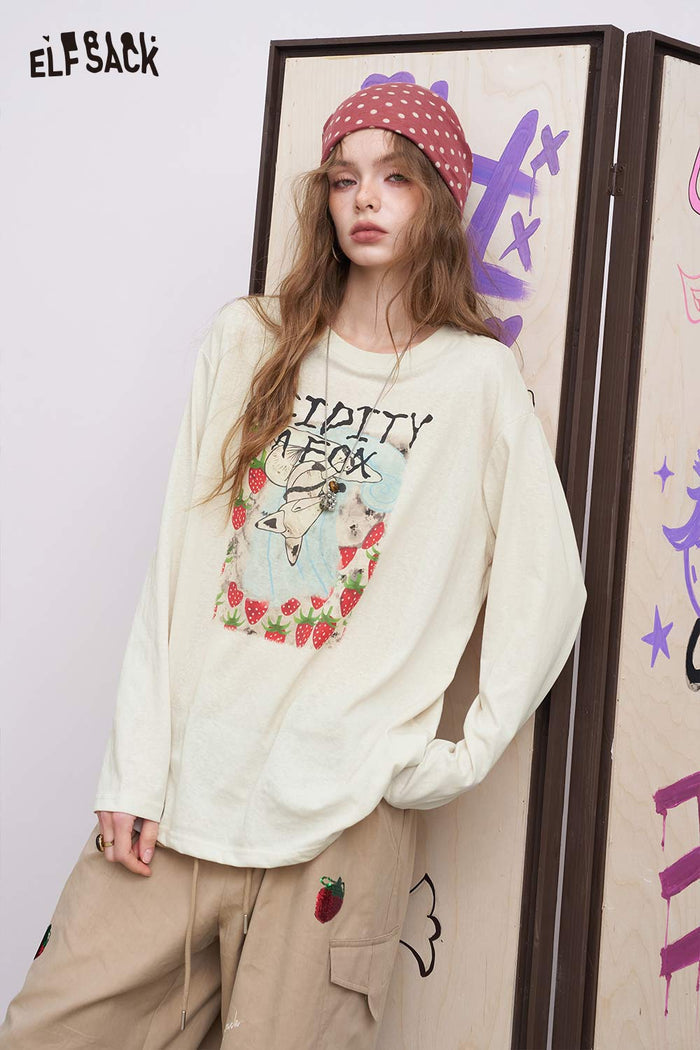 ELFSACK Oversized Playful Strawberry Fox Graphic Drop Shoulder Tee