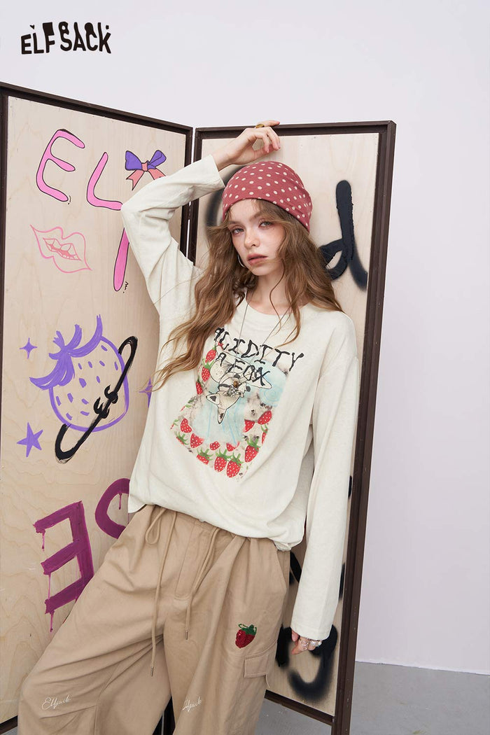 ELFSACK Oversized Playful Strawberry Fox Graphic Drop Shoulder Tee