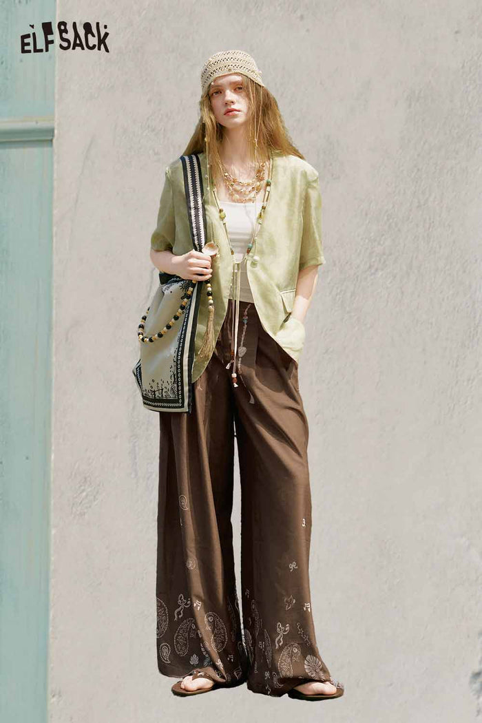 ELFSACK Paisley Beaded Tassel Wide Leg Pants