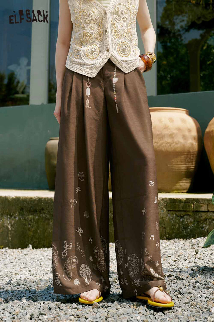 ELFSACK Paisley Beaded Tassel Wide Leg Pants