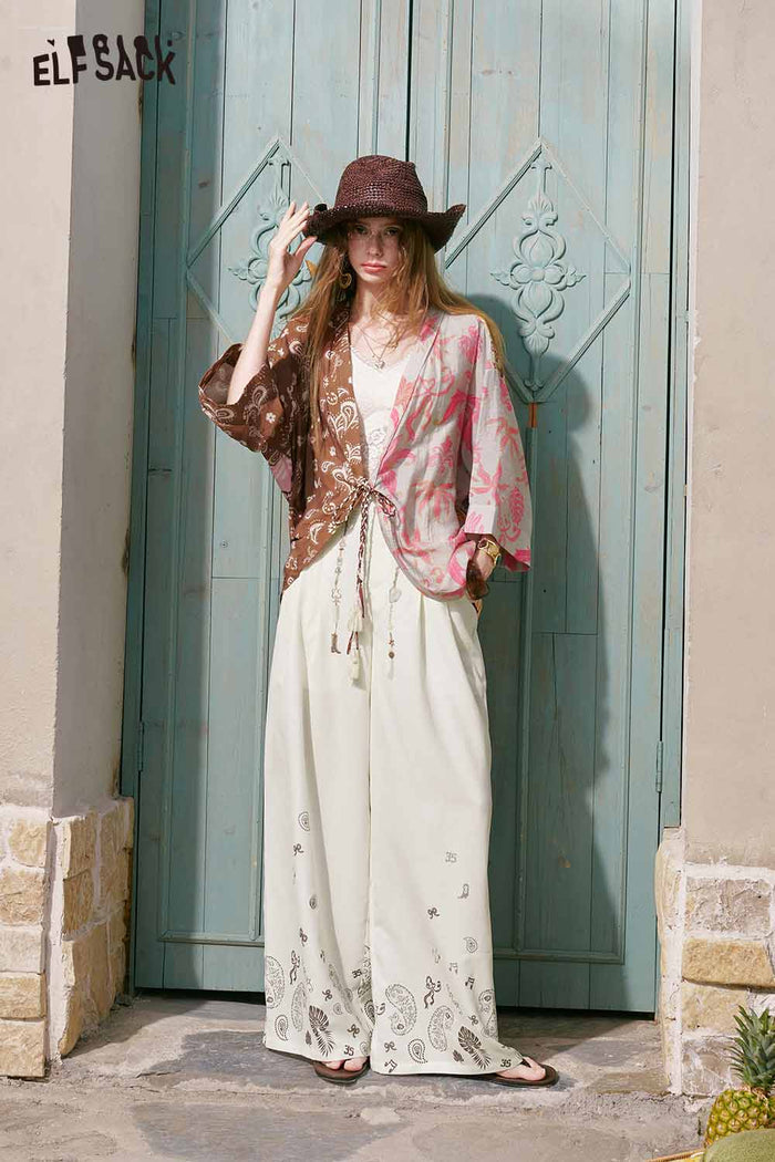 ELFSACK Paisley Beaded Tassel Wide Leg Pants