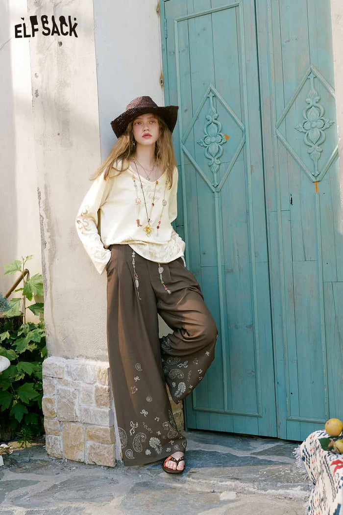 ELFSACK Paisley Beaded Tassel Wide Leg Pants