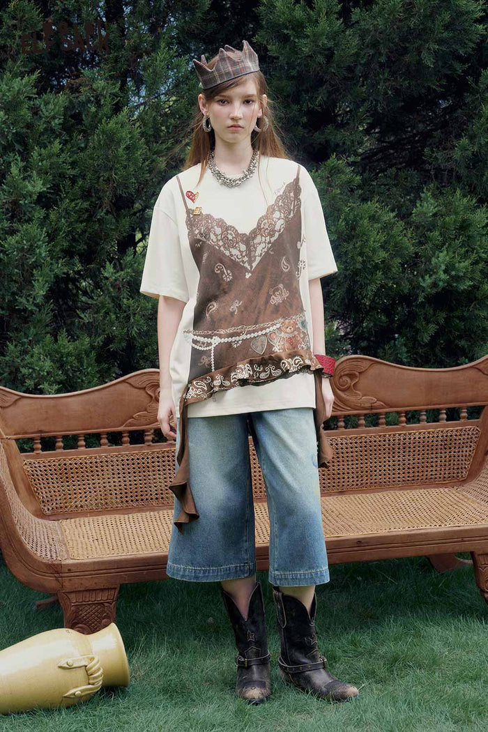 Paisley Print Fake Two Piece Graphic Tee