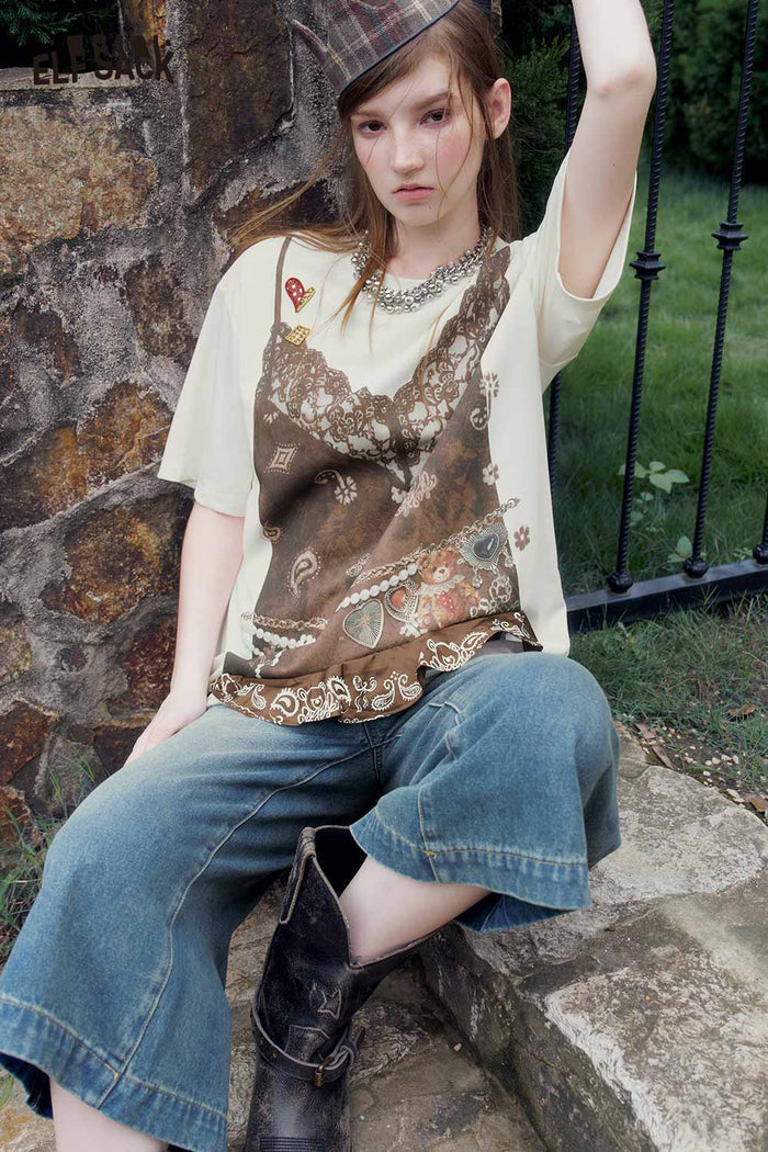 Paisley Print Fake Two Piece Graphic Tee
