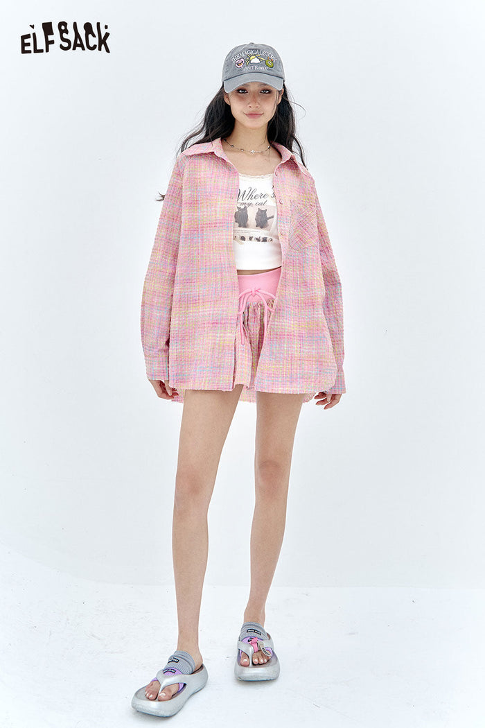 ELFSACK Pastel Check Shirt & Puff Hem Culottes Set
