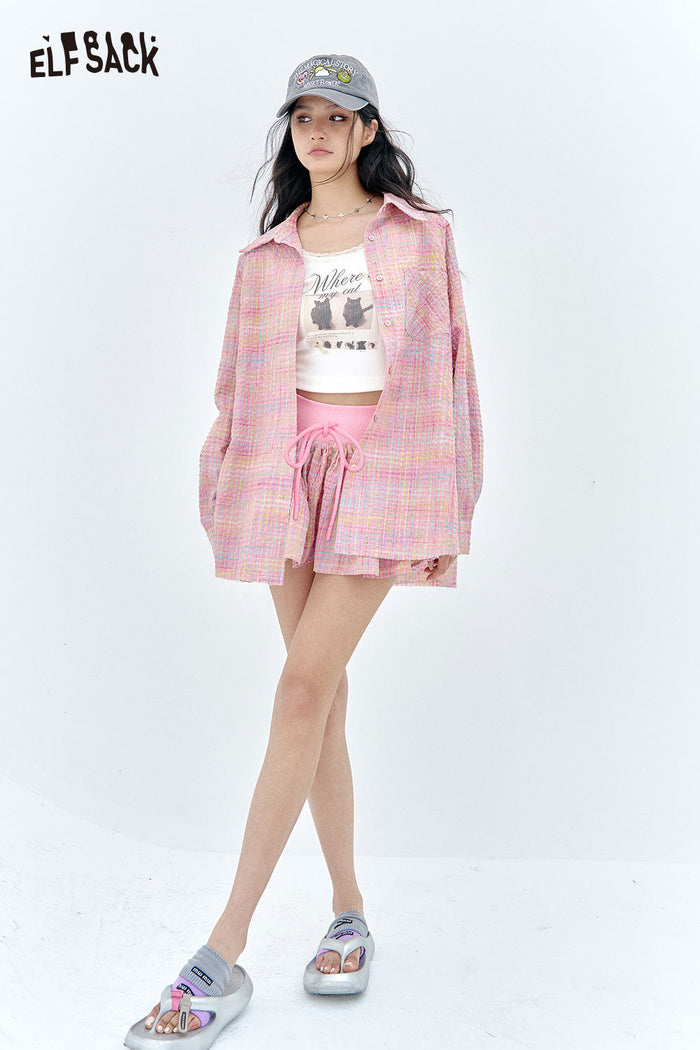 ELFSACK Pastel Check Shirt & Puff Hem Culottes Set