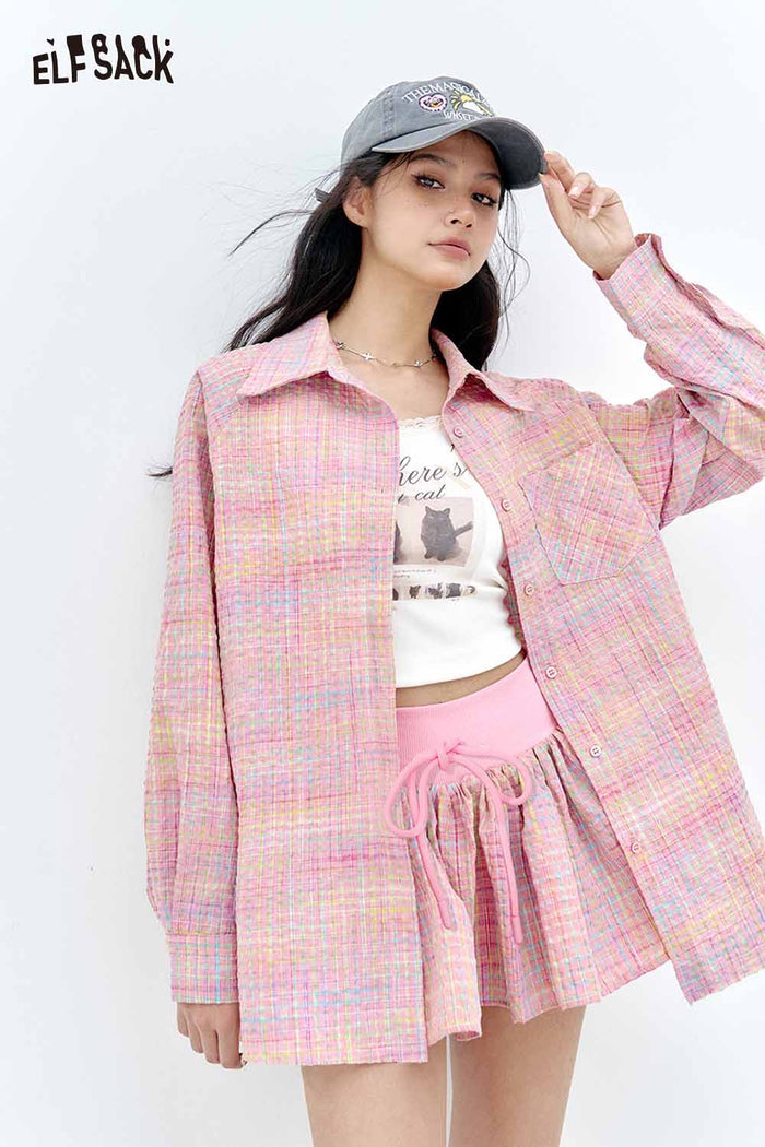 ELFSACK Pastel Check Shirt & Puff Hem Culottes Set