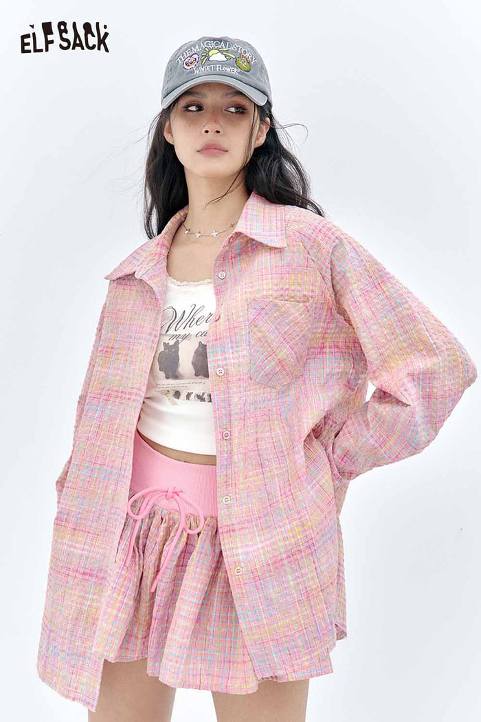 ELFSACK Pastel Check Shirt & Puff Hem Culottes Set