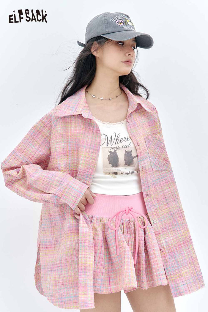 ELFSACK Pastel Check Shirt & Puff Hem Culottes Set