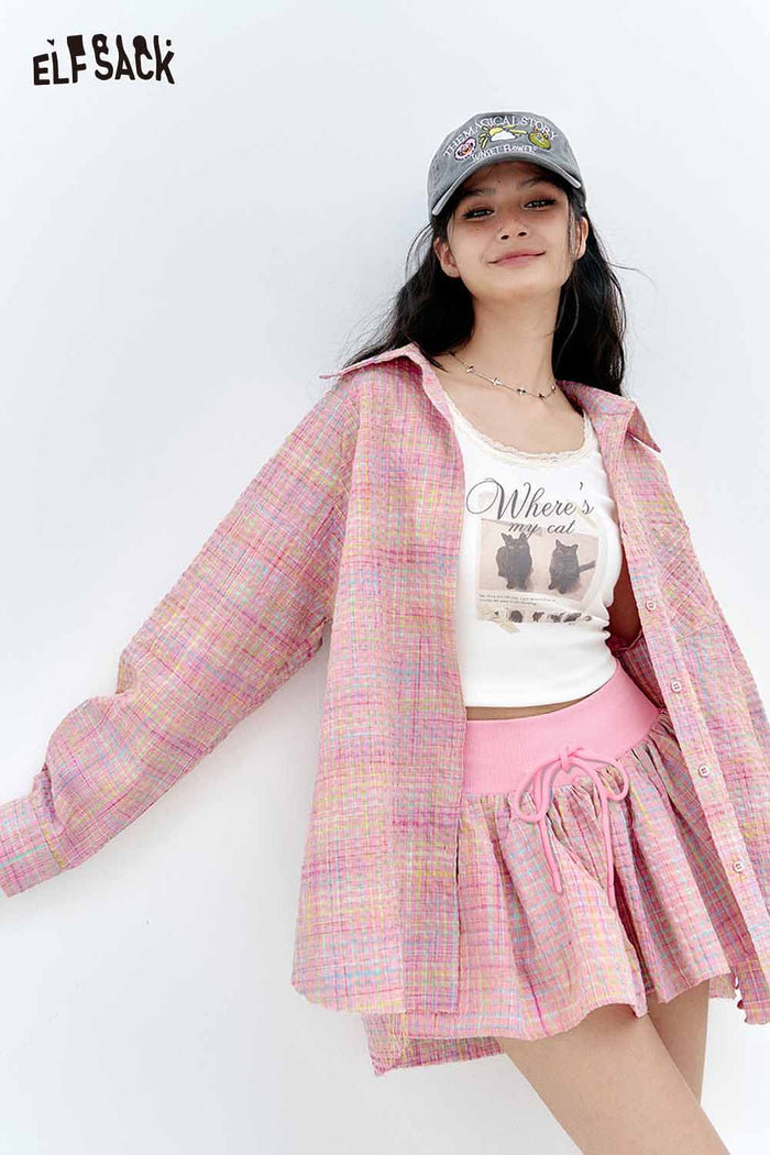 ELFSACK Pastel Check Shirt & Puff Hem Culottes Set