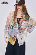 ELFSACK Pastel Collage Print Satin Shirt, Cute Doodle Sketch
