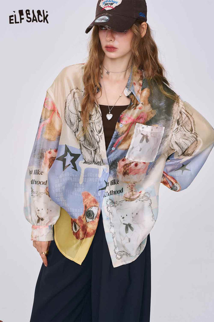 ELFSACK Pastel Collage Print Satin Shirt, Cute Doodle Sketch