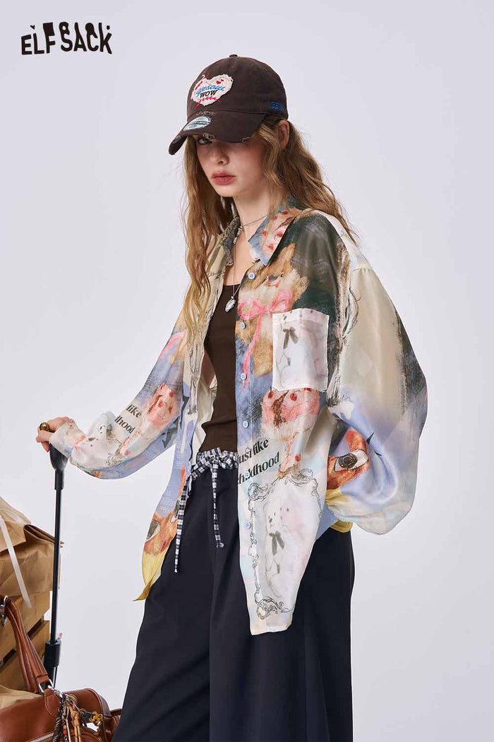 ELFSACK Pastel Collage Print Satin Shirt, Cute Doodle Sketch