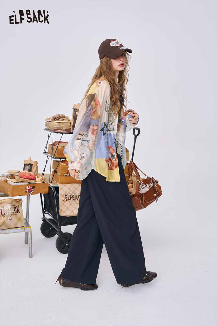 ELFSACK Pastel Collage Print Satin Shirt, Cute Doodle Sketch