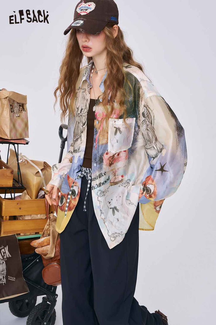 ELFSACK Pastel Collage Print Satin Shirt, Cute Doodle Sketch