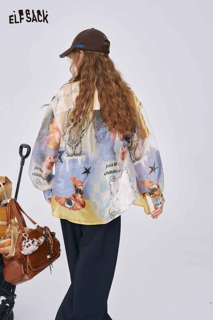 ELFSACK Pastel Collage Print Satin Shirt, Cute Doodle Sketch