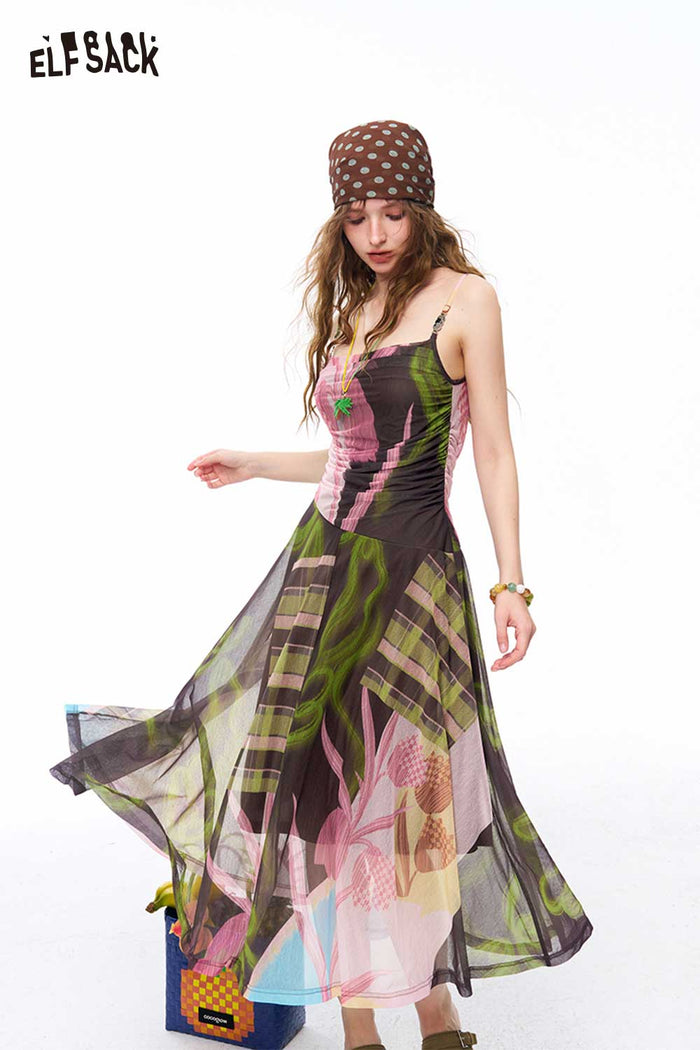ELFSACK Patchwork Floral Cami Midi Dress