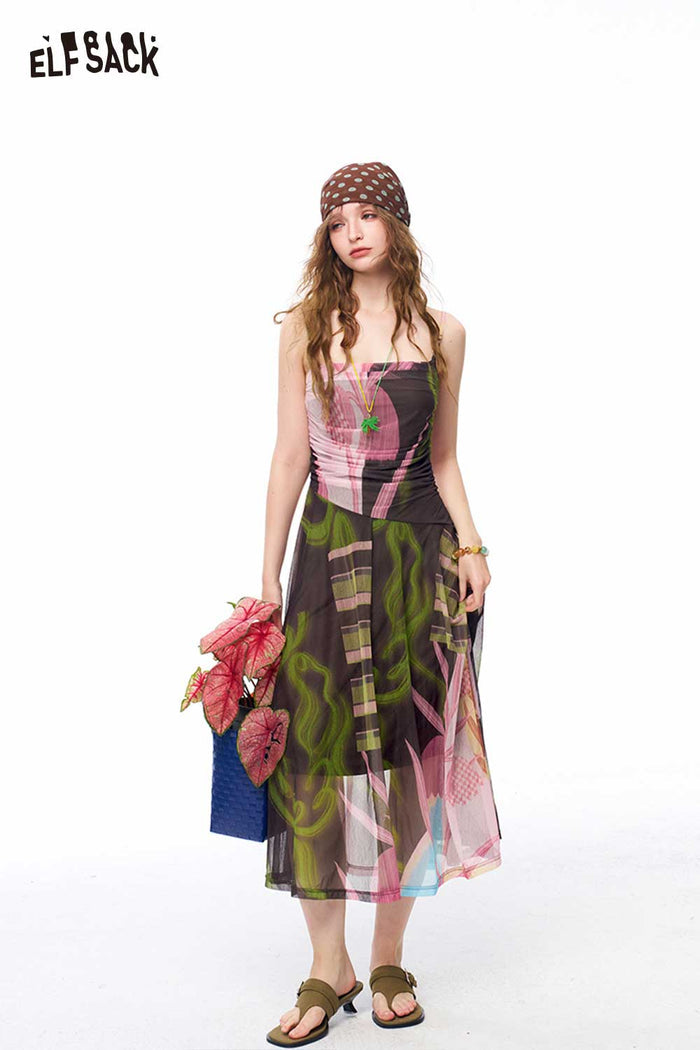 ELFSACK Patchwork Floral Cami Midi Dress