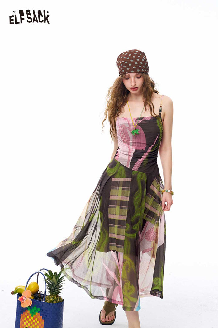 ELFSACK Patchwork Floral Cami Midi Dress
