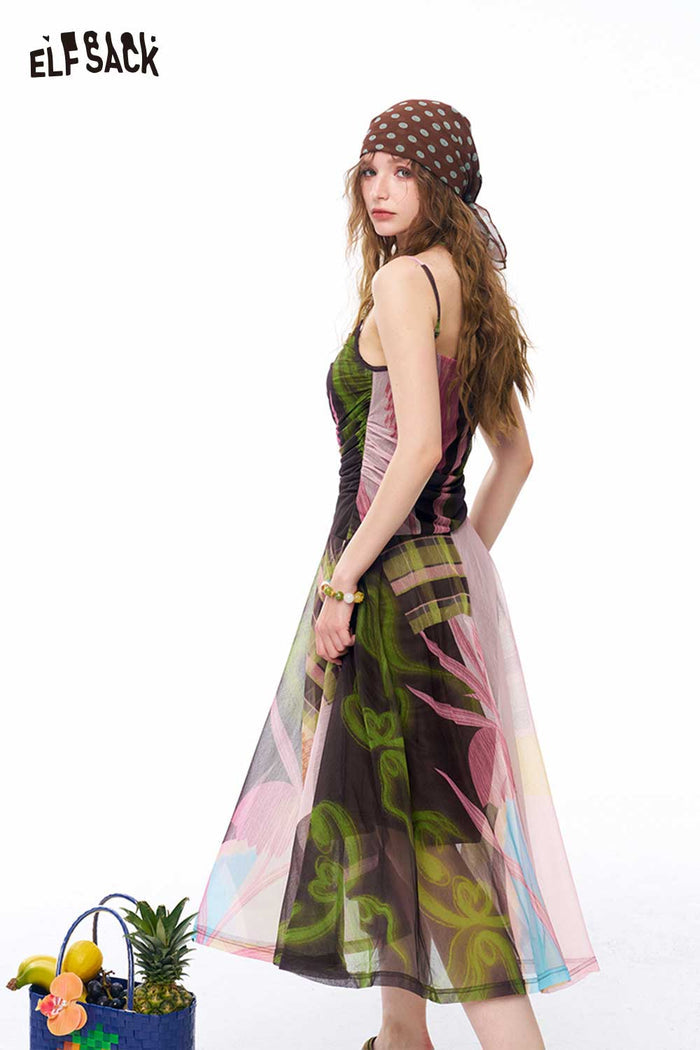 ELFSACK Patchwork Floral Cami Midi Dress