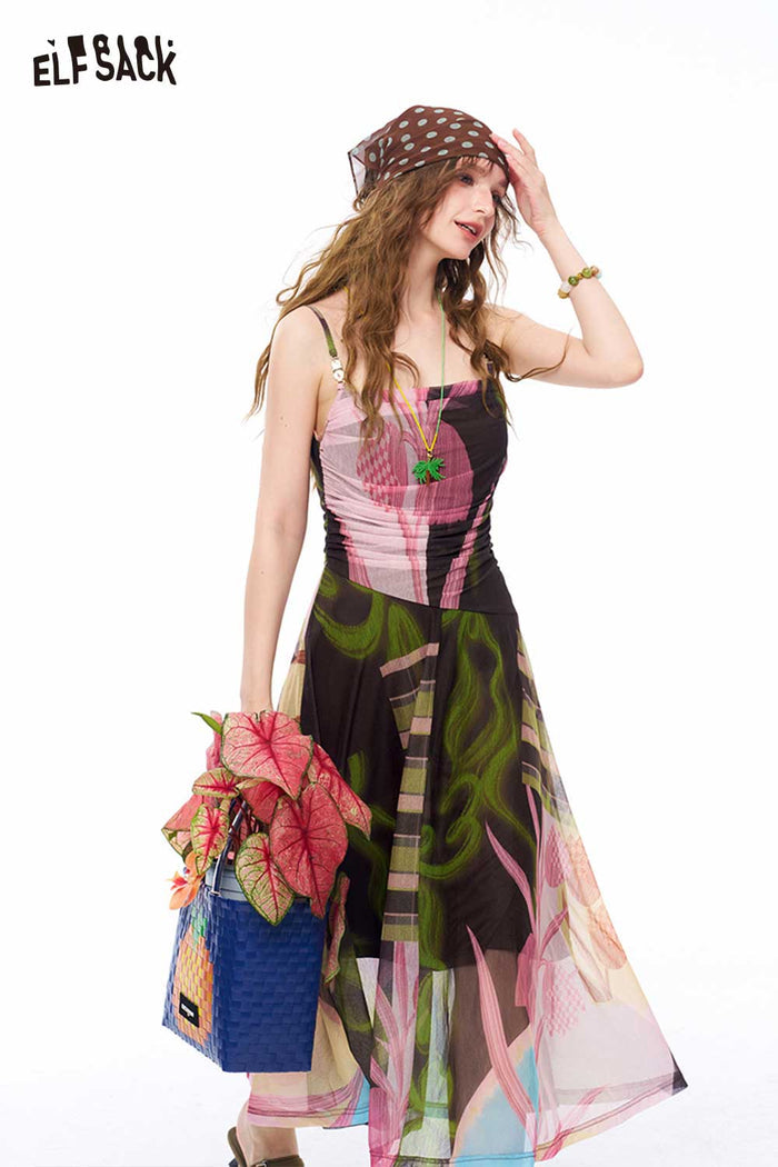 ELFSACK Patchwork Floral Cami Midi Dress