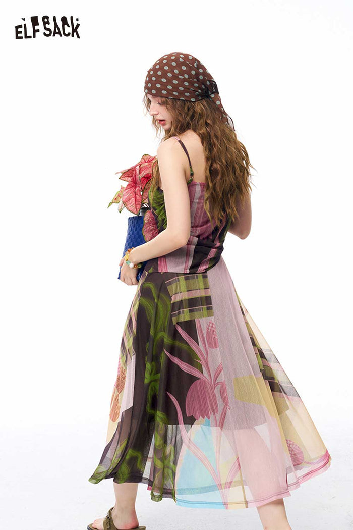 ELFSACK Patchwork Floral Cami Midi Dress