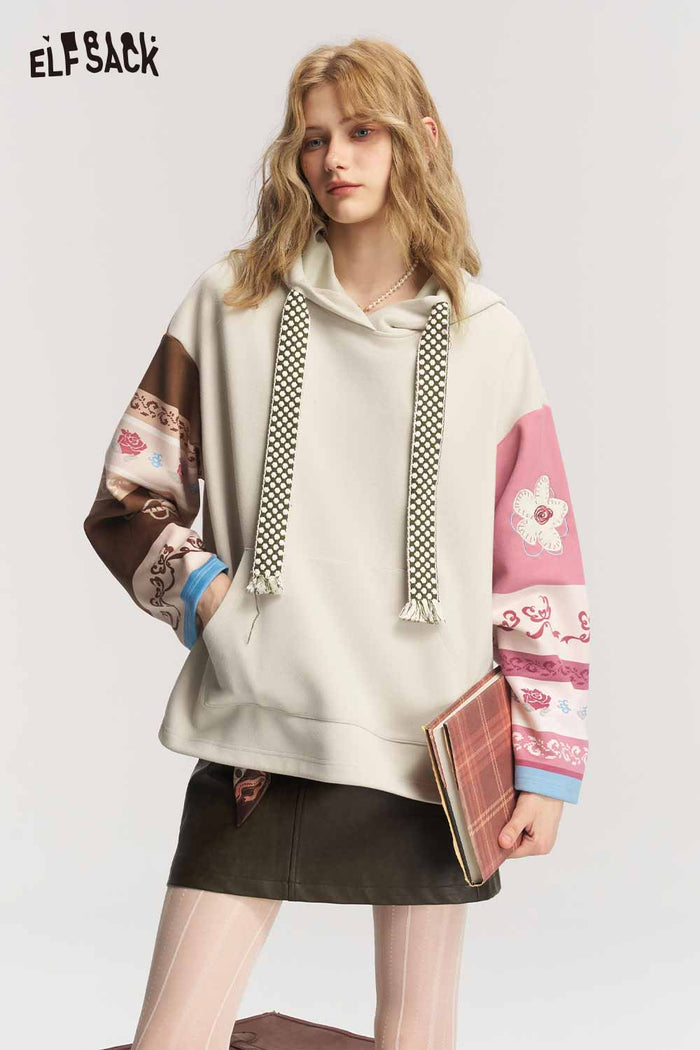 Patchwork Floral Tassel Long Sleeve Hoodie