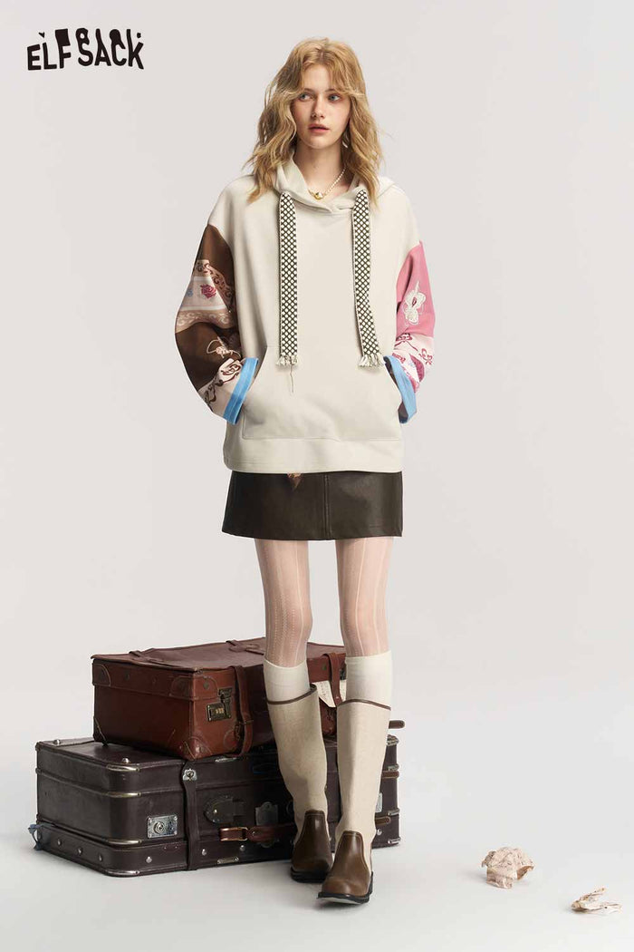 Patchwork Floral Tassel Long Sleeve Hoodie