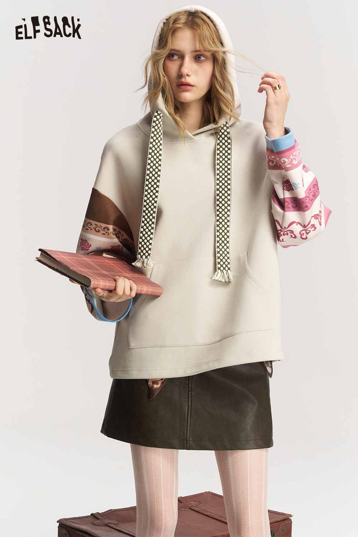 Patchwork Floral Tassel Long Sleeve Hoodie