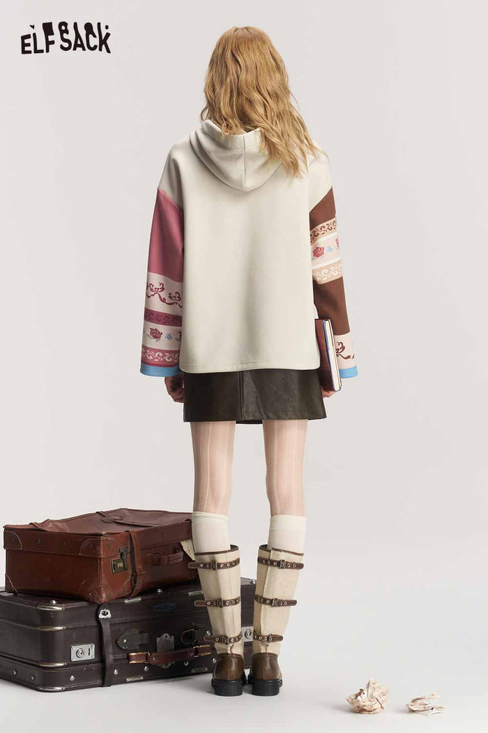 Patchwork Floral Tassel Long Sleeve Hoodie