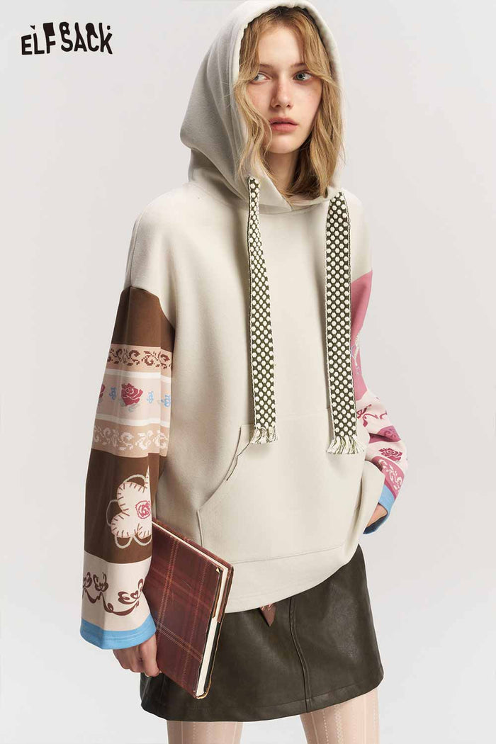 Patchwork Floral Tassel Long Sleeve Hoodie