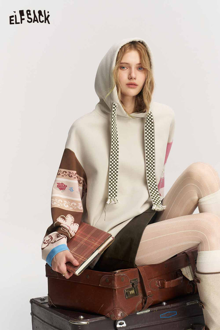 Patchwork Floral Tassel Long Sleeve Hoodie
