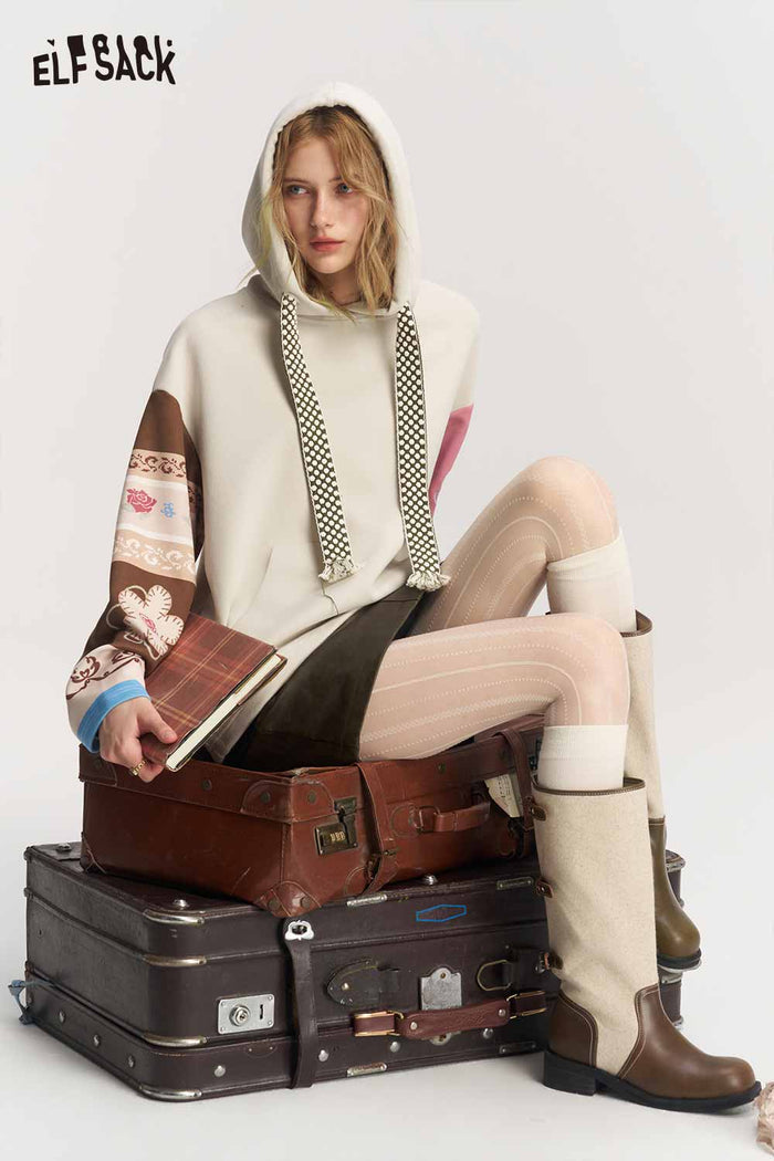 Patchwork Floral Tassel Long Sleeve Hoodie