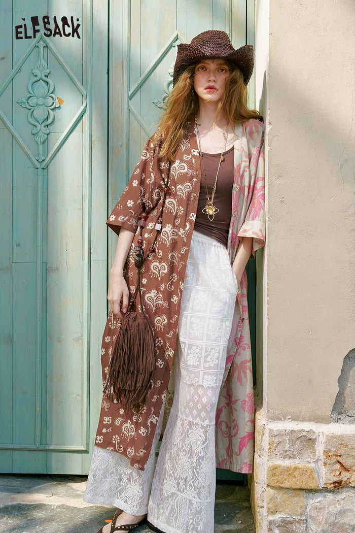 ELFSACK Patchwork Fruit Floral Midi Dress